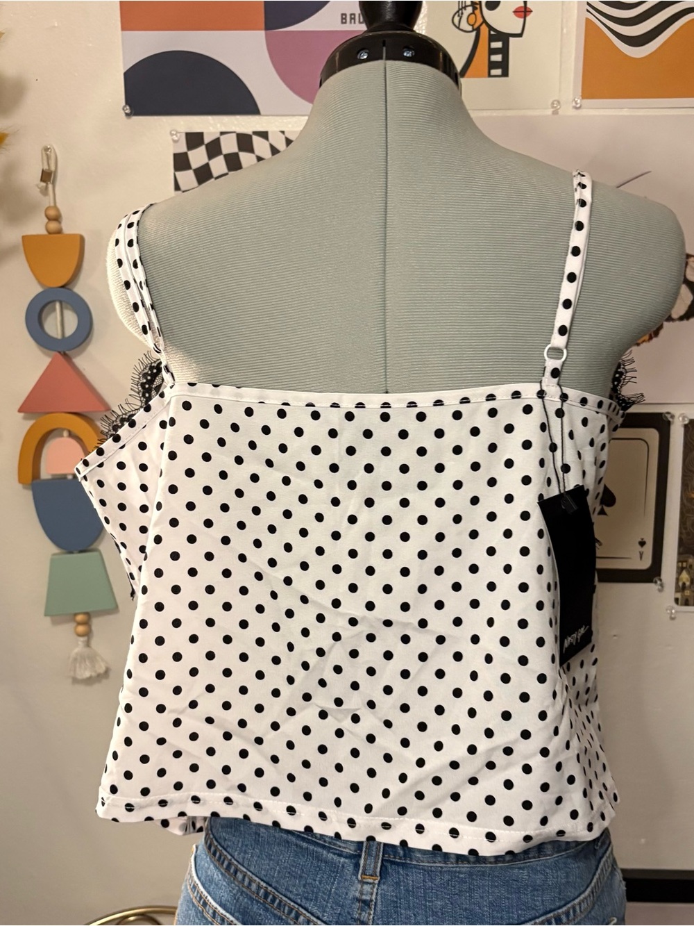 Nasty Gal White Polka Dot Cami with Black Lace Trim - Picture 5 of 6